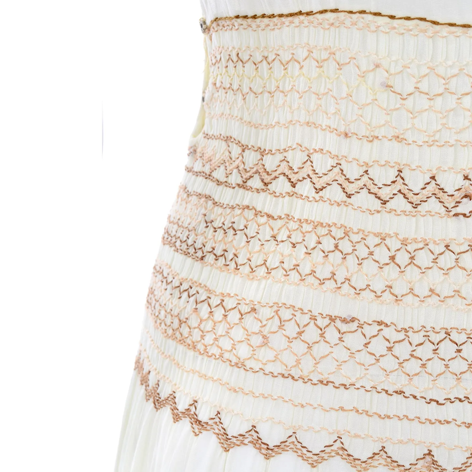 1920s Hungarian Peasant Embroidered Cream Cotton Dress w Smock Pleating