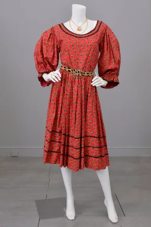 1950s Folklore Peasant Dress with Huge Poet Sleeves and Figural Novelty Print | Vintage Festival Folk Dress