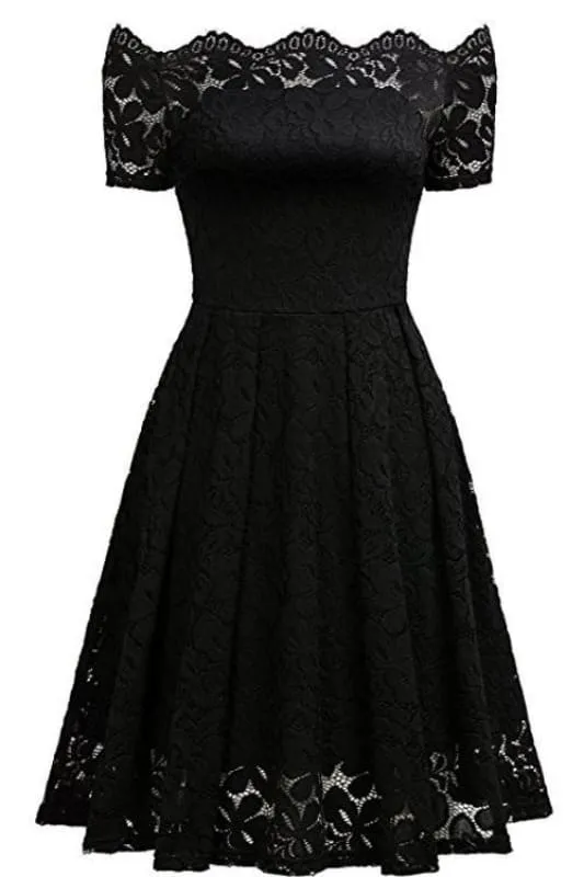 A| Bridelily Solid Lace Peasant Off the Shoulder A-line Dress