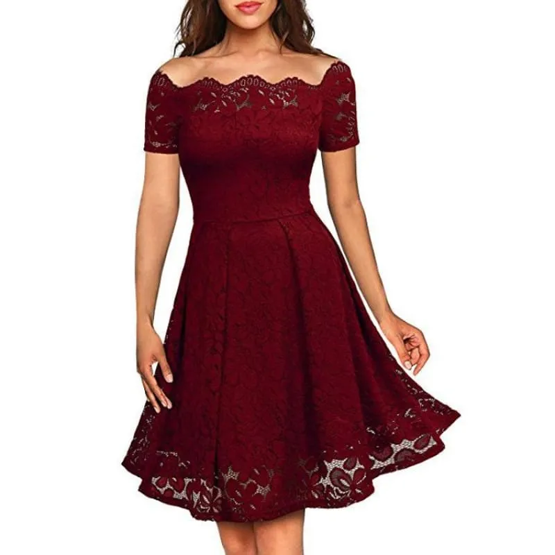 A| Bridelily Solid Lace Peasant Off the Shoulder A-line Dress