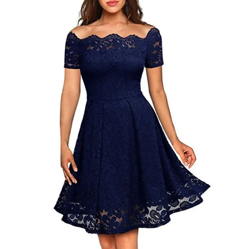 A| Bridelily Solid Lace Peasant Off the Shoulder A-line Dress