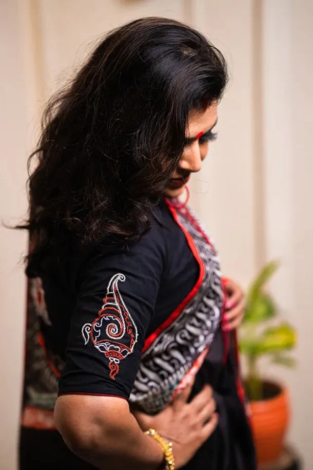 Black Alpona Shonkho Cotton Embroidered Blouse