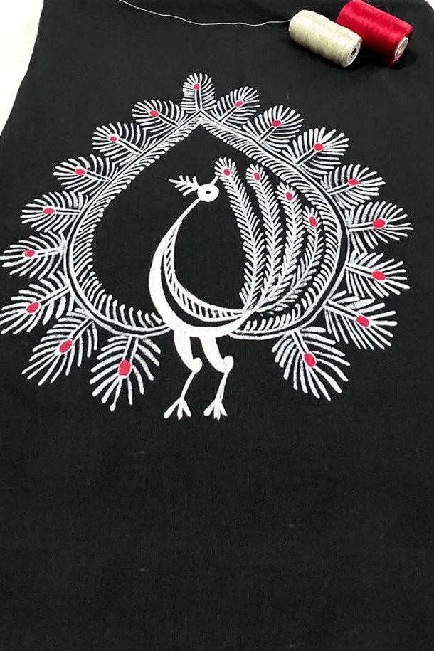BLACK PEACOCK HANDPAINTED COTTON BLOUSE MATERIAL
