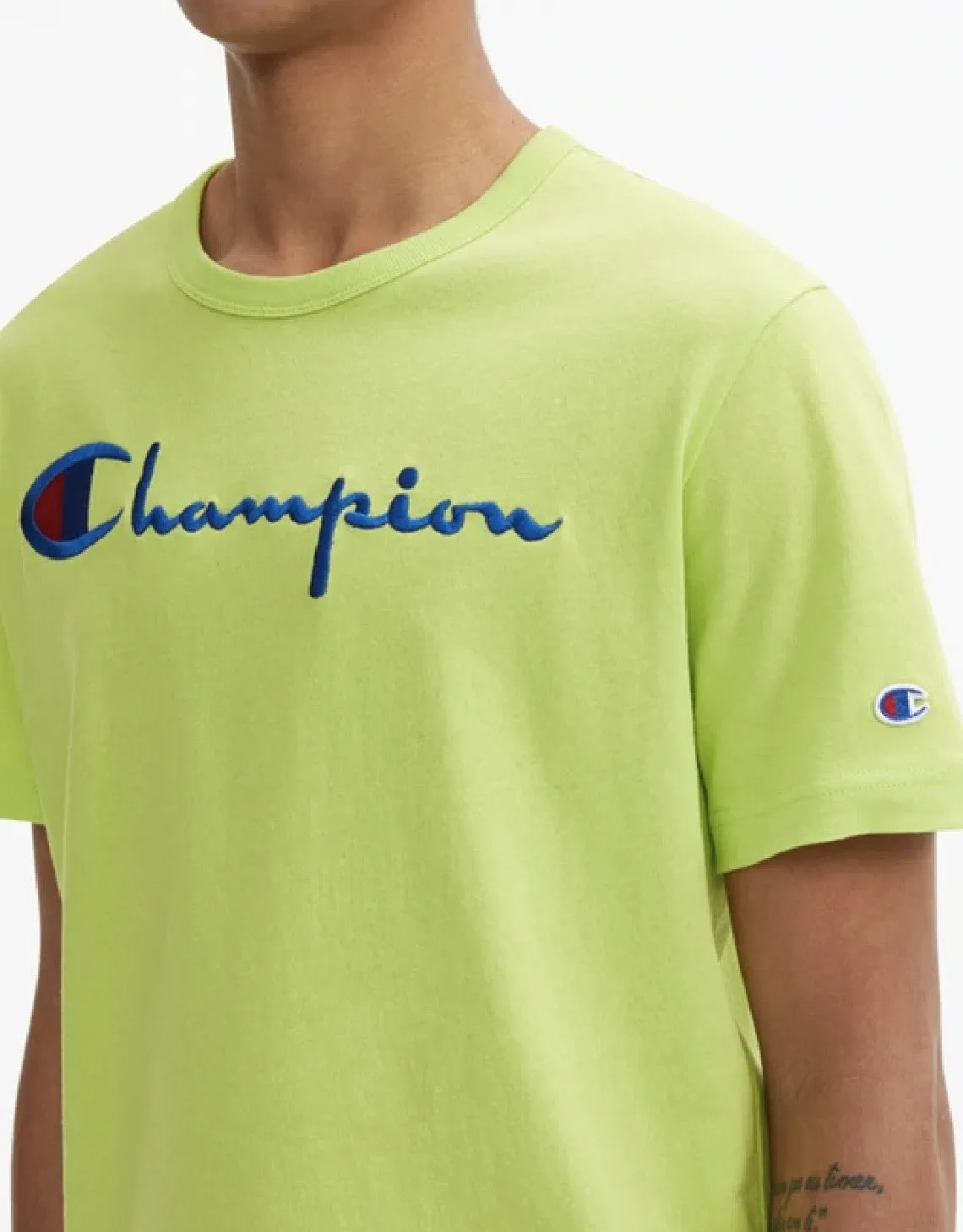CHAMPION EUROPE SCRIPT LOGO CREW NECK T SHIRT GREEN CONFECTION