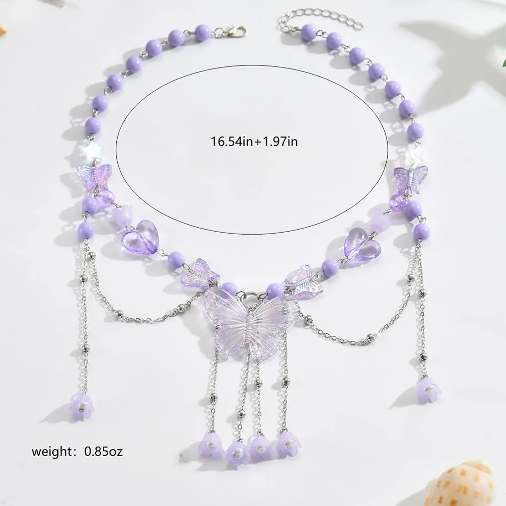 Charm Layered Butterfly Choker Necklaces for Women, Vintage Purple Butterflies Beaded Flower Pendant Tassel Chain Necklace Y2K Jewelry Fairy Aesthetic Gift
