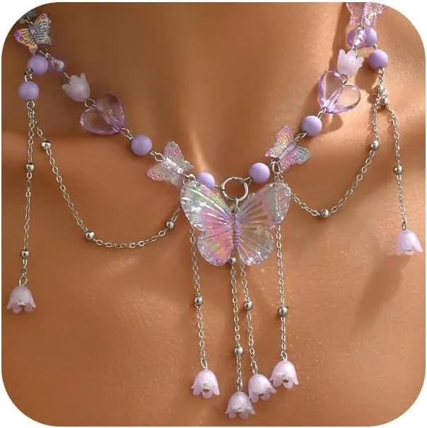 Charm Layered Butterfly Choker Necklaces for Women, Vintage Purple Butterflies Beaded Flower Pendant Tassel Chain Necklace Y2K Jewelry Fairy Aesthetic Gift