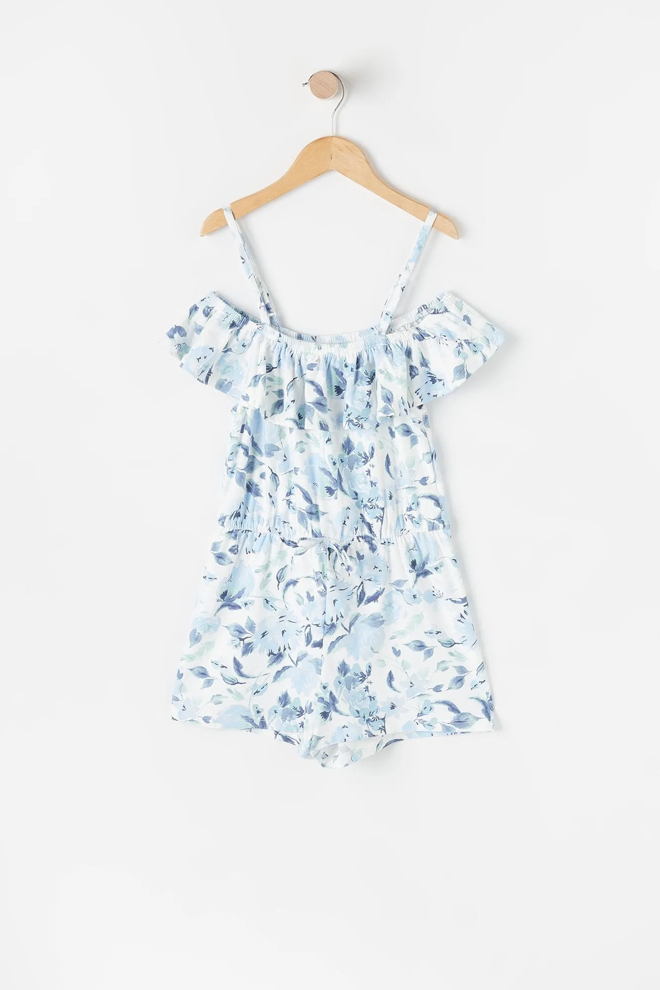 Combi-short paysan bleu fleuri doux à épaules dénudées pour fille