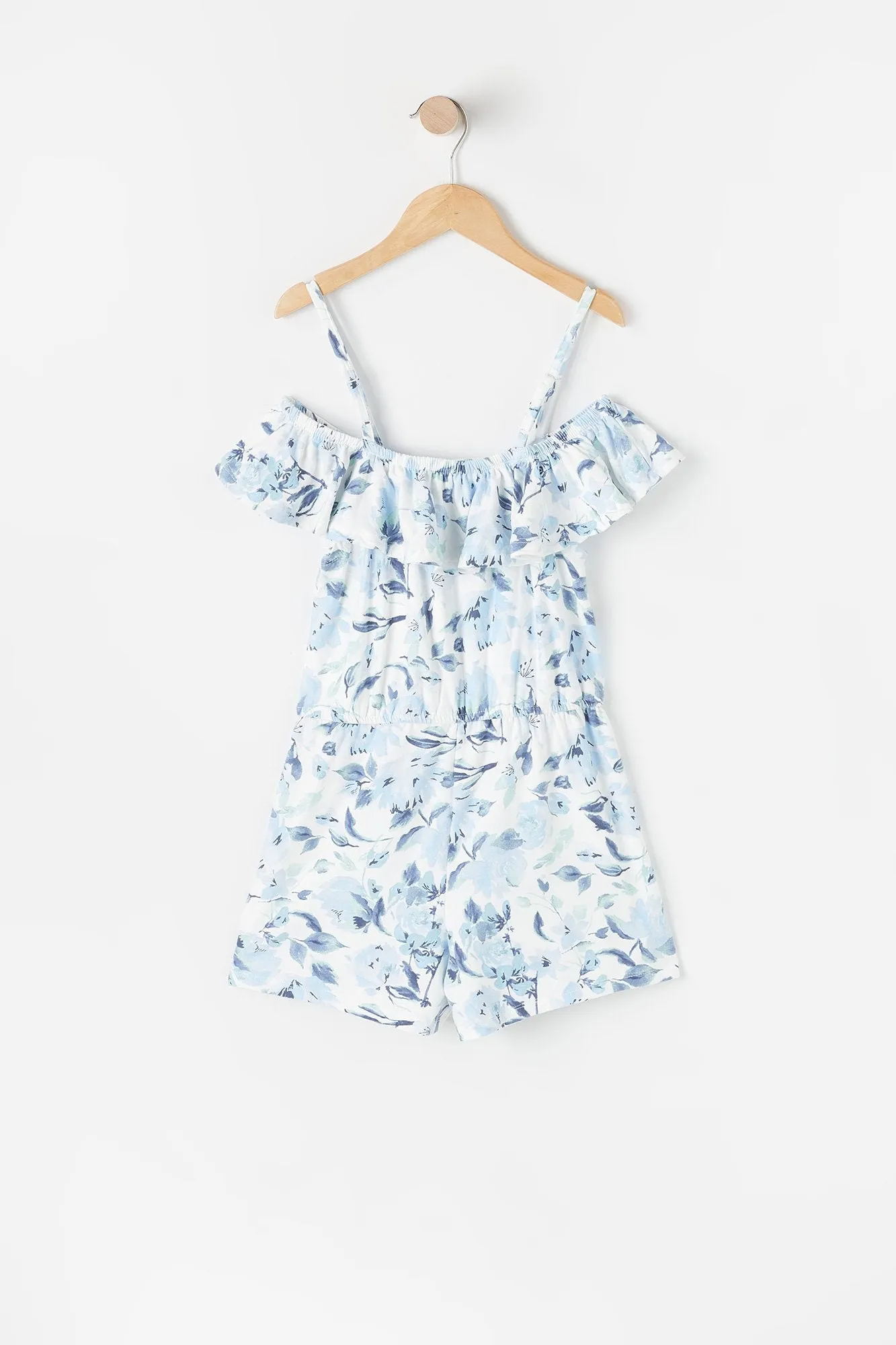 Combi-short paysan bleu fleuri doux à épaules dénudées pour fille