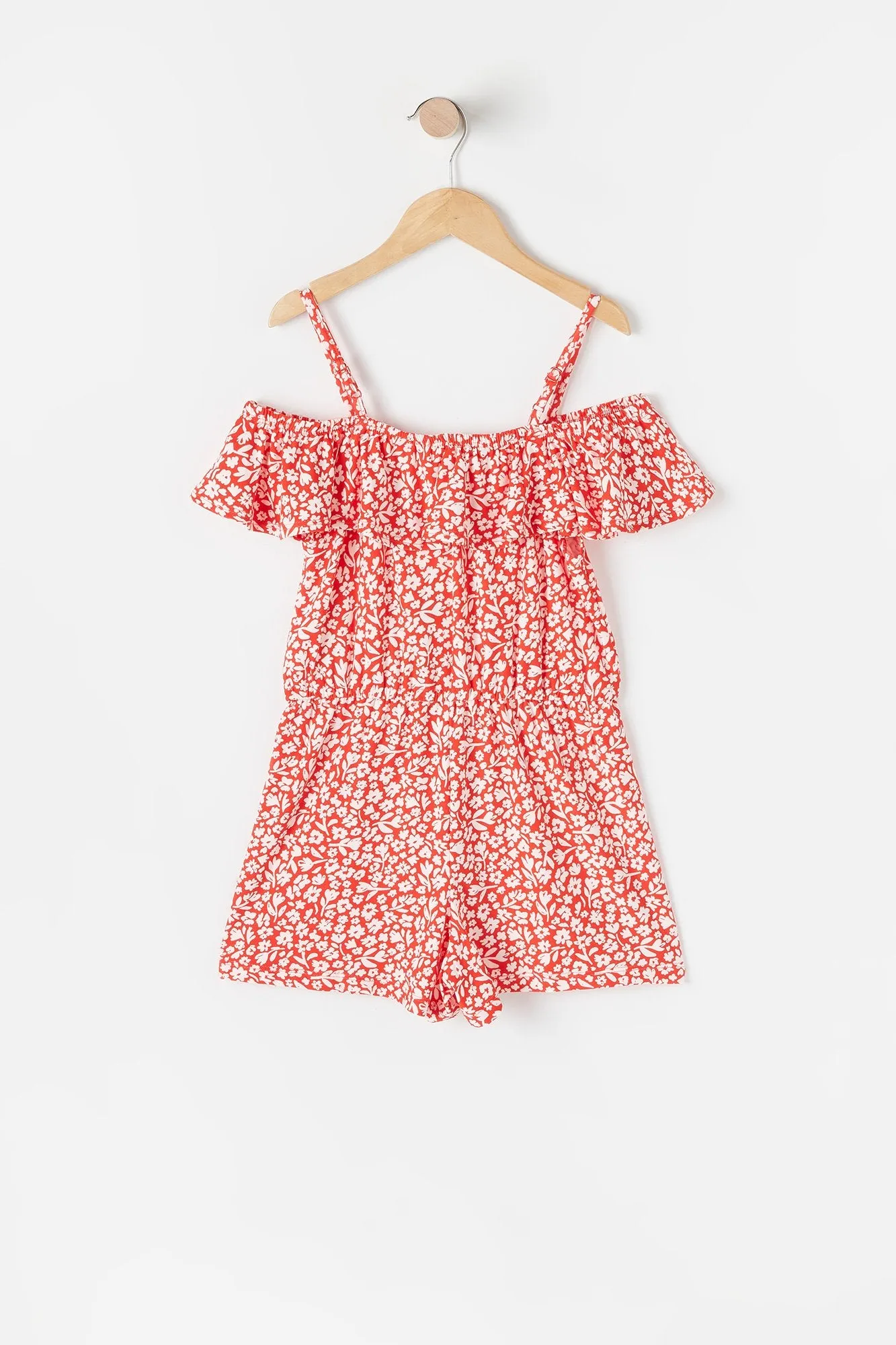 Combi-short paysan rouge fleuri doux à épaules dénudées pour fille