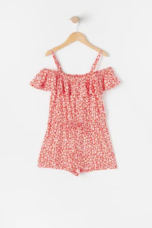 Combi-short paysan rouge fleuri doux à épaules dénudées pour fille