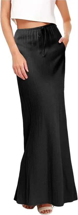 Cotton Linen Skirts for Women Maxi Length Summer Skirts Drawstring A-Line Casual Loose Flowy Ankle Long Beach Skirt