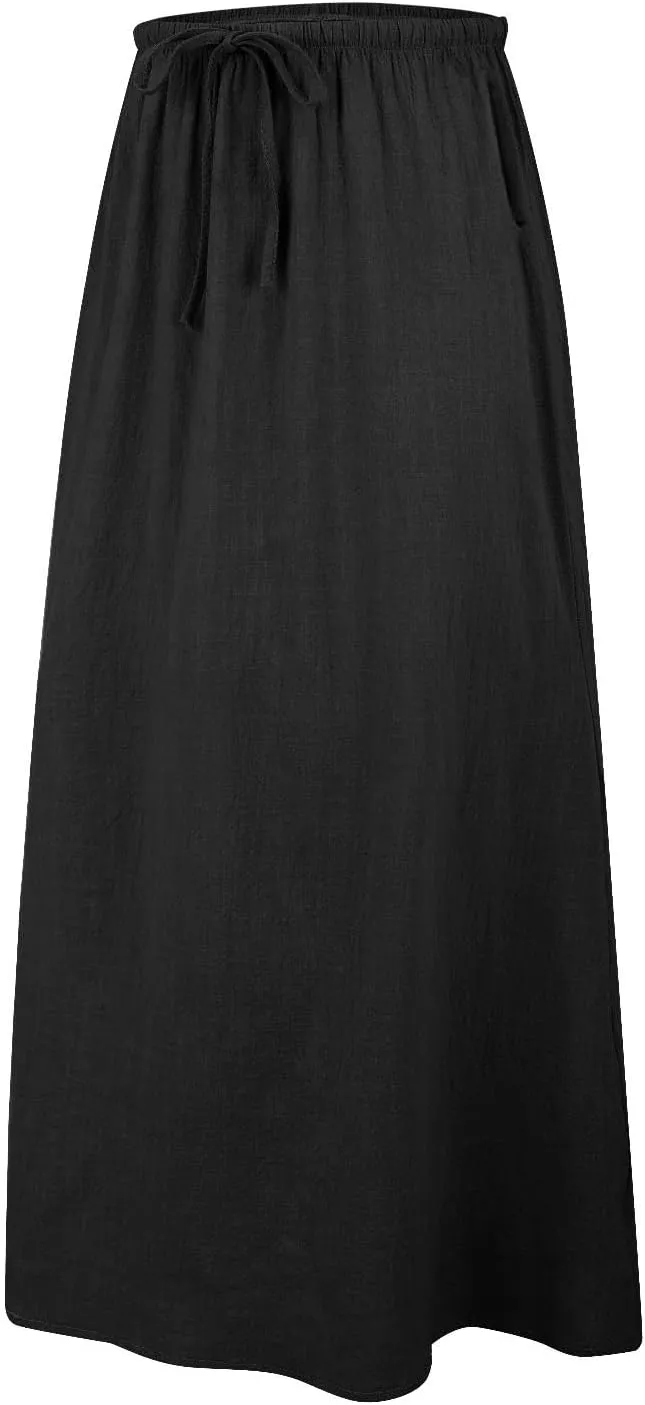 Cotton Linen Skirts for Women Maxi Length Summer Skirts Drawstring A-Line Casual Loose Flowy Ankle Long Beach Skirt