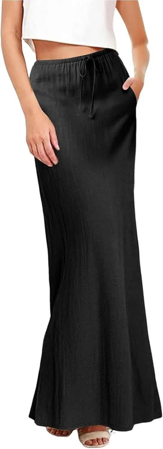 Cotton Linen Skirts for Women Maxi Length Summer Skirts Drawstring A-Line Casual Loose Flowy Ankle Long Beach Skirt