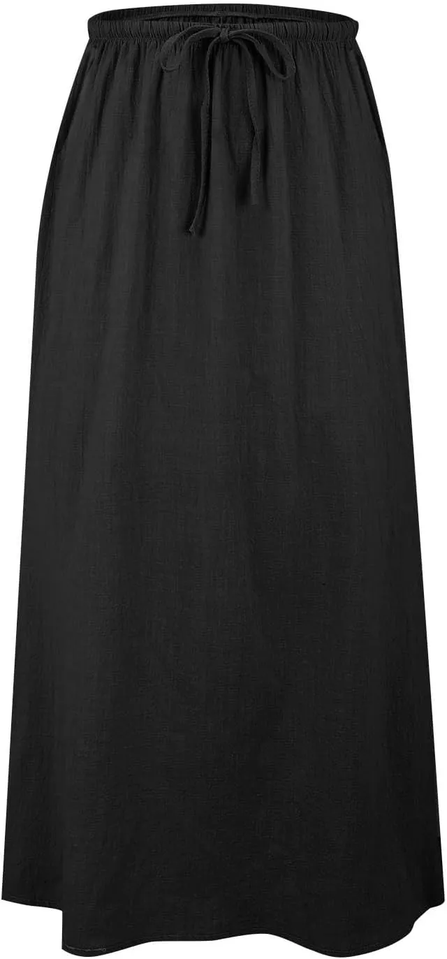 Cotton Linen Skirts for Women Maxi Length Summer Skirts Drawstring A-Line Casual Loose Flowy Ankle Long Beach Skirt