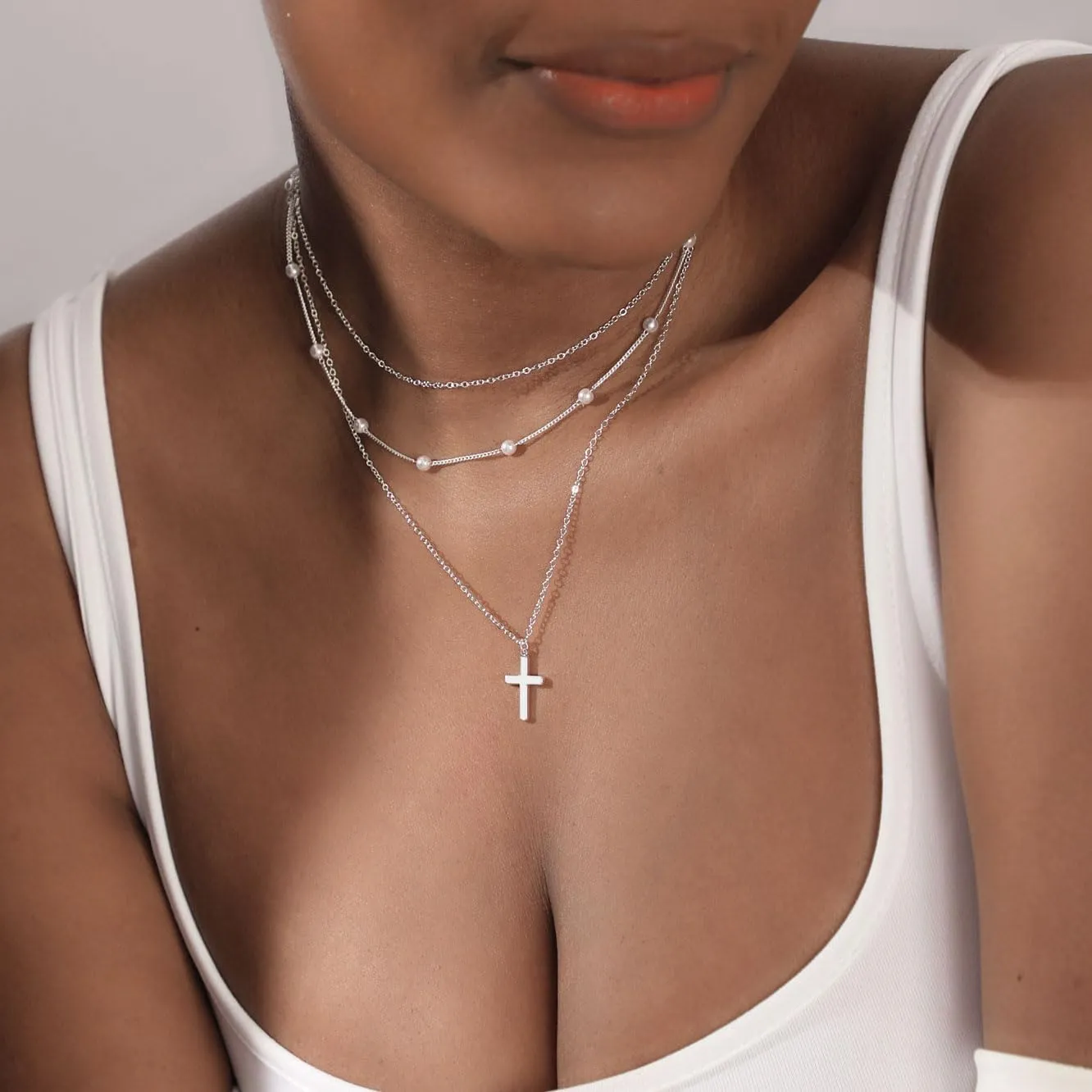 Dainty Layered Choker Necklaces Gold Silver Stacking Layering Pearl Cross Adjustable Multilayer Bar Disc Pendant Necklace for Women Dot Chain Jewelry