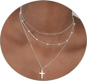 Dainty Layered Choker Necklaces Gold Silver Stacking Layering Pearl Cross Adjustable Multilayer Bar Disc Pendant Necklace for Women Dot Chain Jewelry