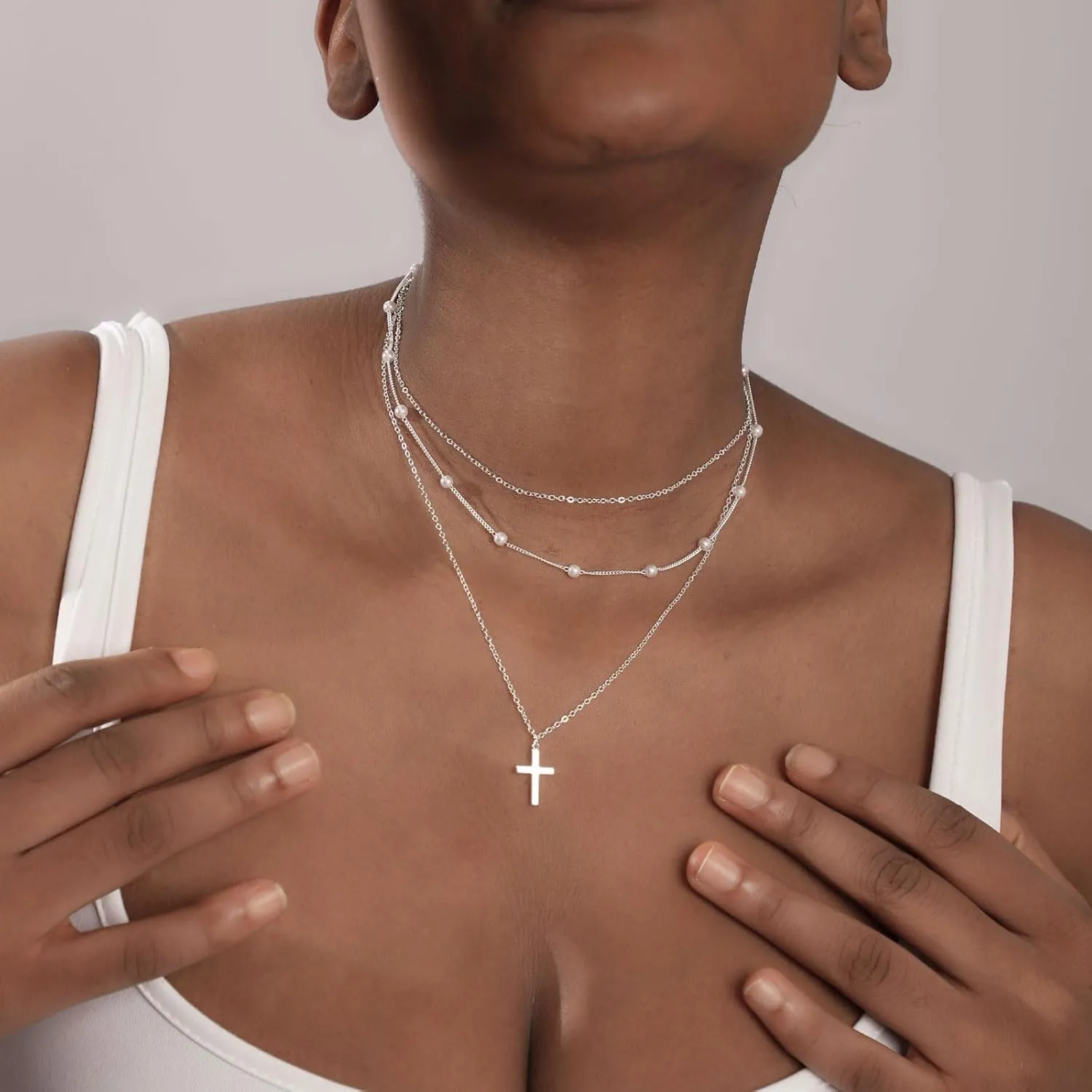 Dainty Layered Choker Necklaces Gold Silver Stacking Layering Pearl Cross Adjustable Multilayer Bar Disc Pendant Necklace for Women Dot Chain Jewelry