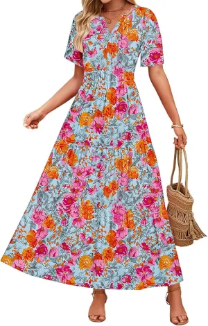 Dresses for Women 2025 Floral V Neck Maxi Dresses Casual Short Sleeve a Line Dress Casual Boho Beach Summer Dress