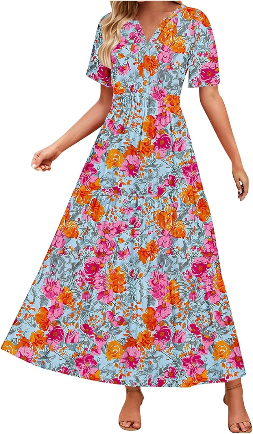 Dresses for Women 2025 Floral V Neck Maxi Dresses Casual Short Sleeve a Line Dress Casual Boho Beach Summer Dress