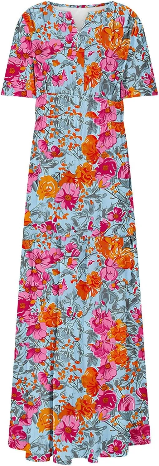 Dresses for Women 2025 Floral V Neck Maxi Dresses Casual Short Sleeve a Line Dress Casual Boho Beach Summer Dress