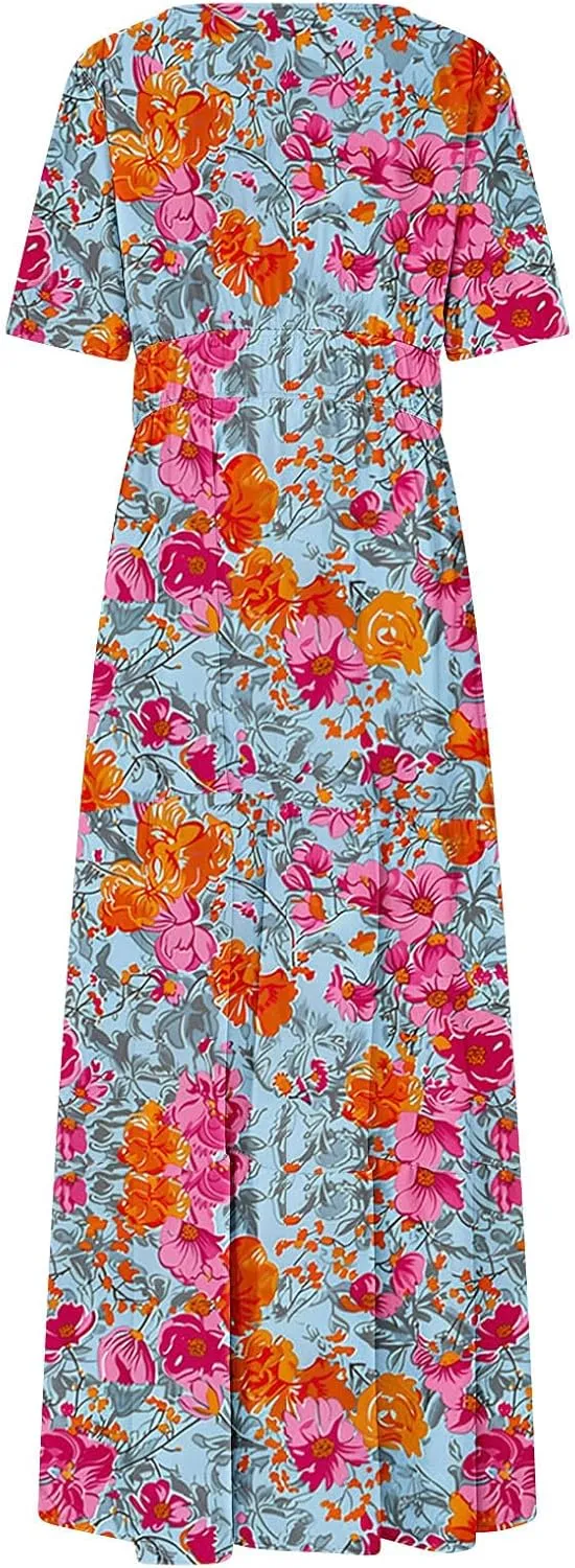 Dresses for Women 2025 Floral V Neck Maxi Dresses Casual Short Sleeve a Line Dress Casual Boho Beach Summer Dress