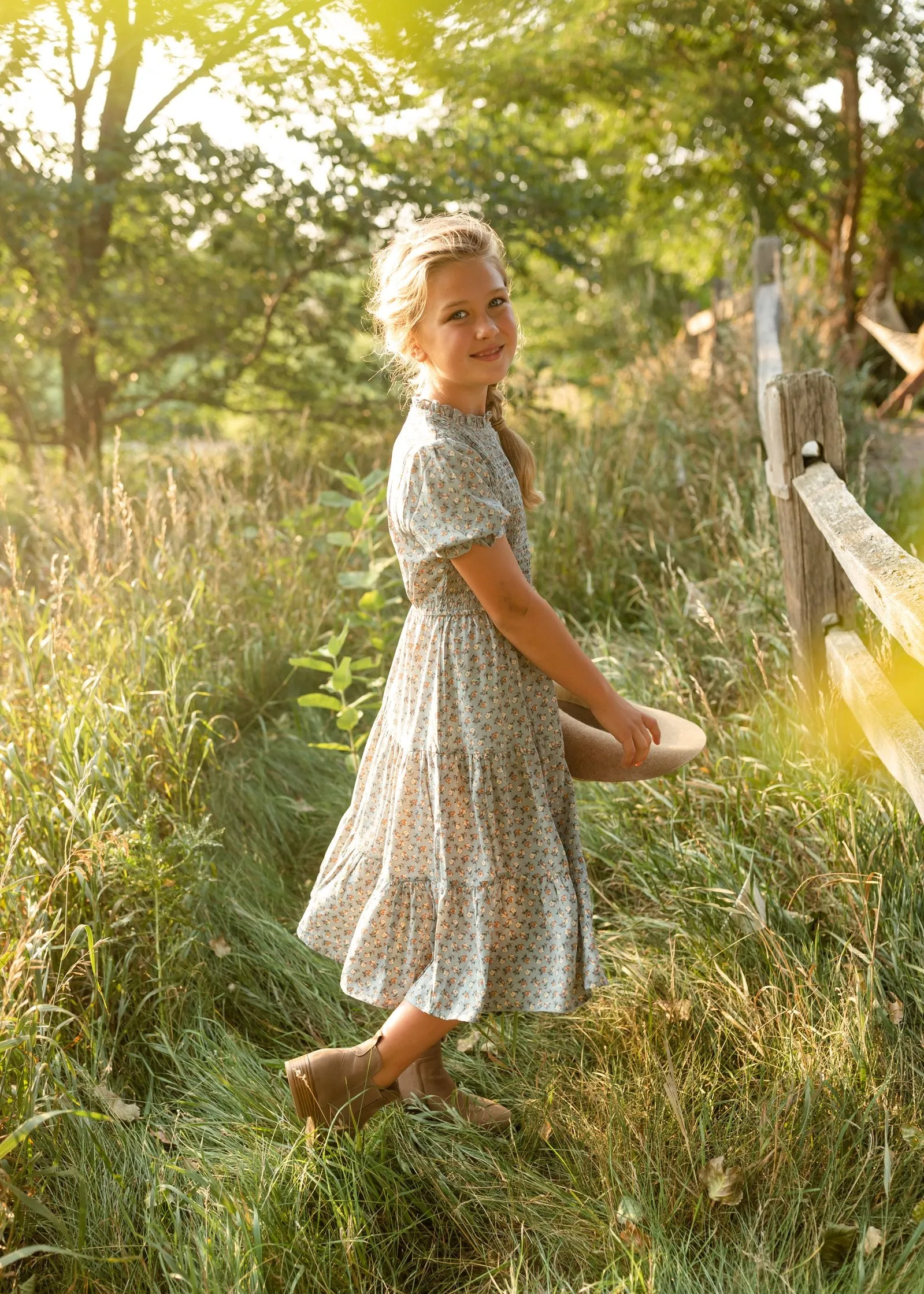 Girls Floral Smocked Bodice Midi Dress