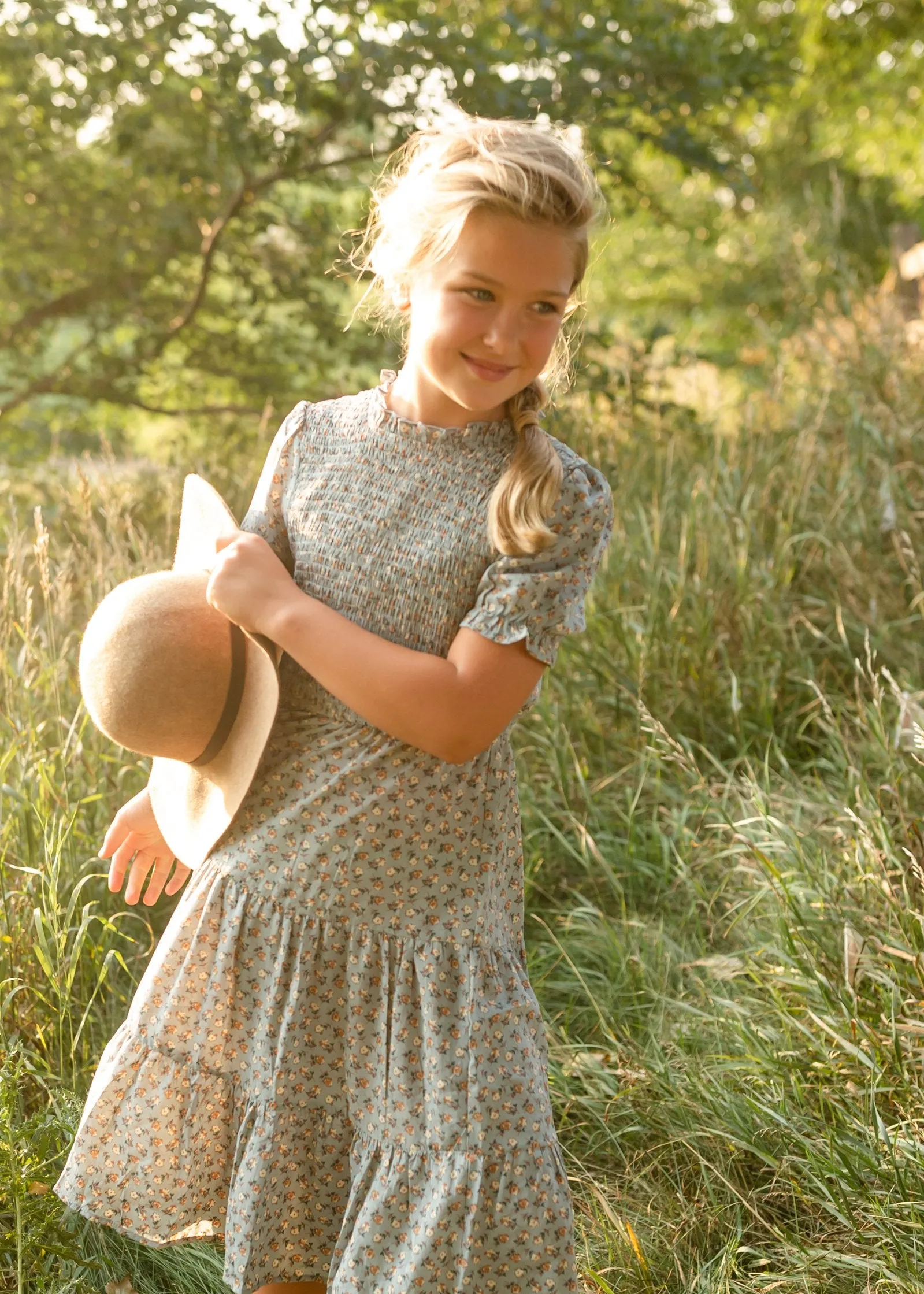 Girls Floral Smocked Bodice Midi Dress