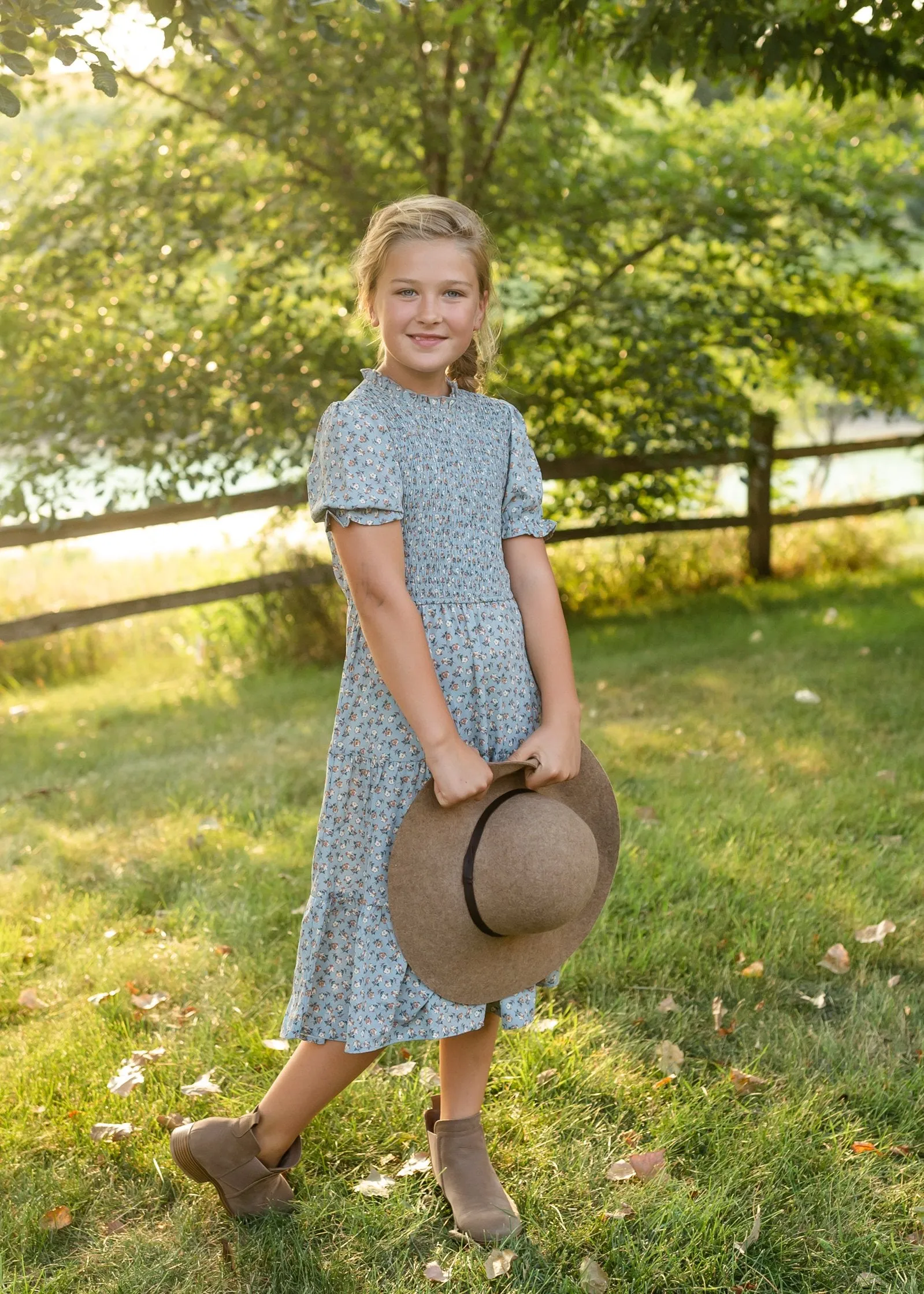 Girls Floral Smocked Bodice Midi Dress
