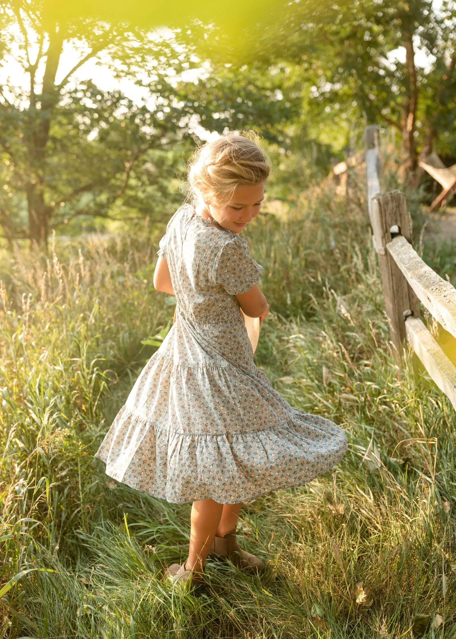 Girls Floral Smocked Bodice Midi Dress