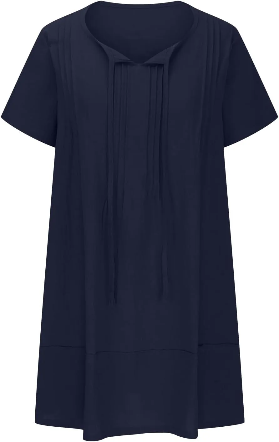 hlysgo Beach Dresses for Women 2025 Vacation Short Sleeve V Neck Mini Dress Summer Loose Comfy Cotton Linen Pleated Dress