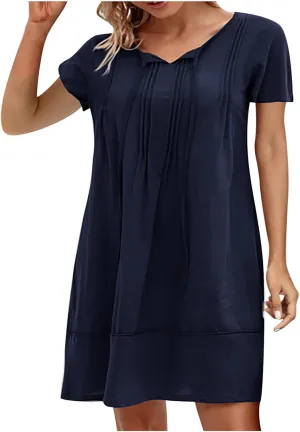 hlysgo Beach Dresses for Women 2025 Vacation Short Sleeve V Neck Mini Dress Summer Loose Comfy Cotton Linen Pleated Dress