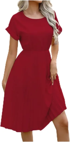 hlysgo Beach Dresses for Women Summer Casual Loose Fit Short Sleeve Crew Neck Mini Dress A-Line Flowy Pleated Vacation Dress