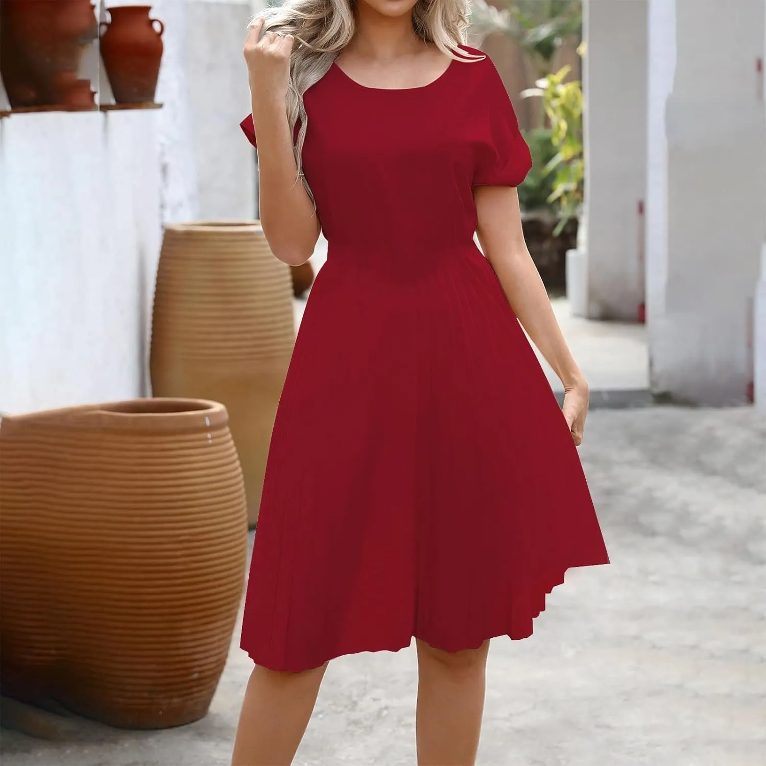hlysgo Beach Dresses for Women Summer Casual Loose Fit Short Sleeve Crew Neck Mini Dress A-Line Flowy Pleated Vacation Dress