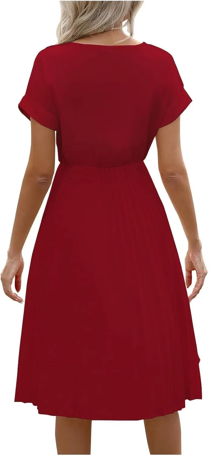 hlysgo Beach Dresses for Women Summer Casual Loose Fit Short Sleeve Crew Neck Mini Dress A-Line Flowy Pleated Vacation Dress