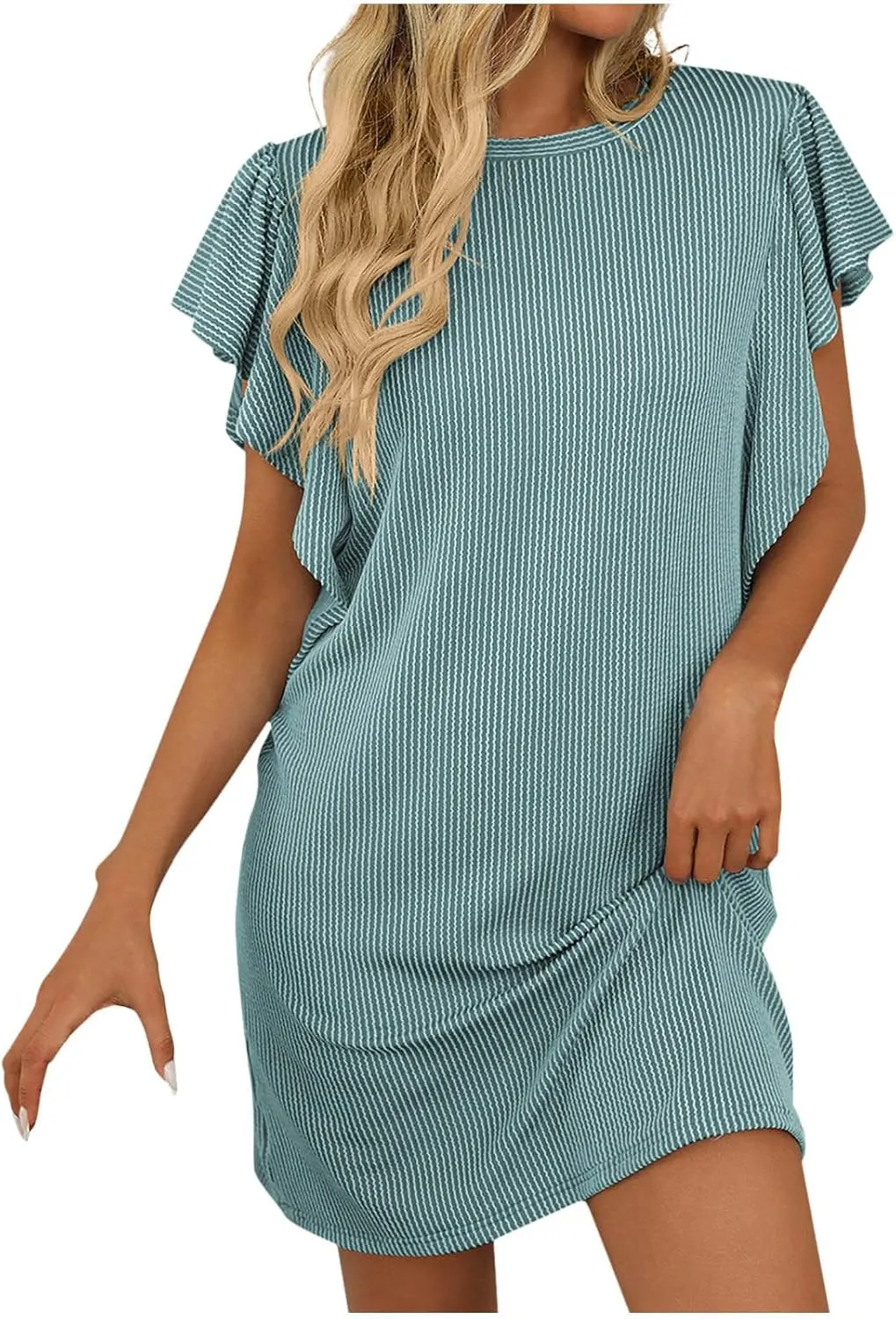 hlysgo Summer Dresses for Women 2025 Casual Loose Fit Short Sleeve Crew Mini Dresses Trendy Ladies Stripes Beach Dresses
