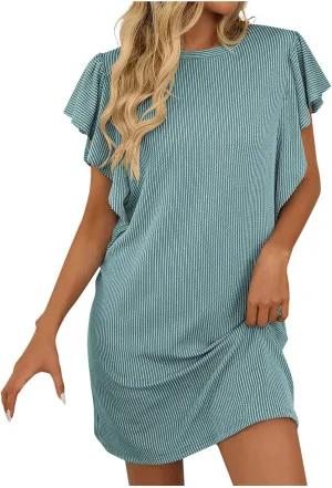 hlysgo Summer Dresses for Women 2025 Casual Loose Fit Short Sleeve Crew Mini Dresses Trendy Ladies Stripes Beach Dresses