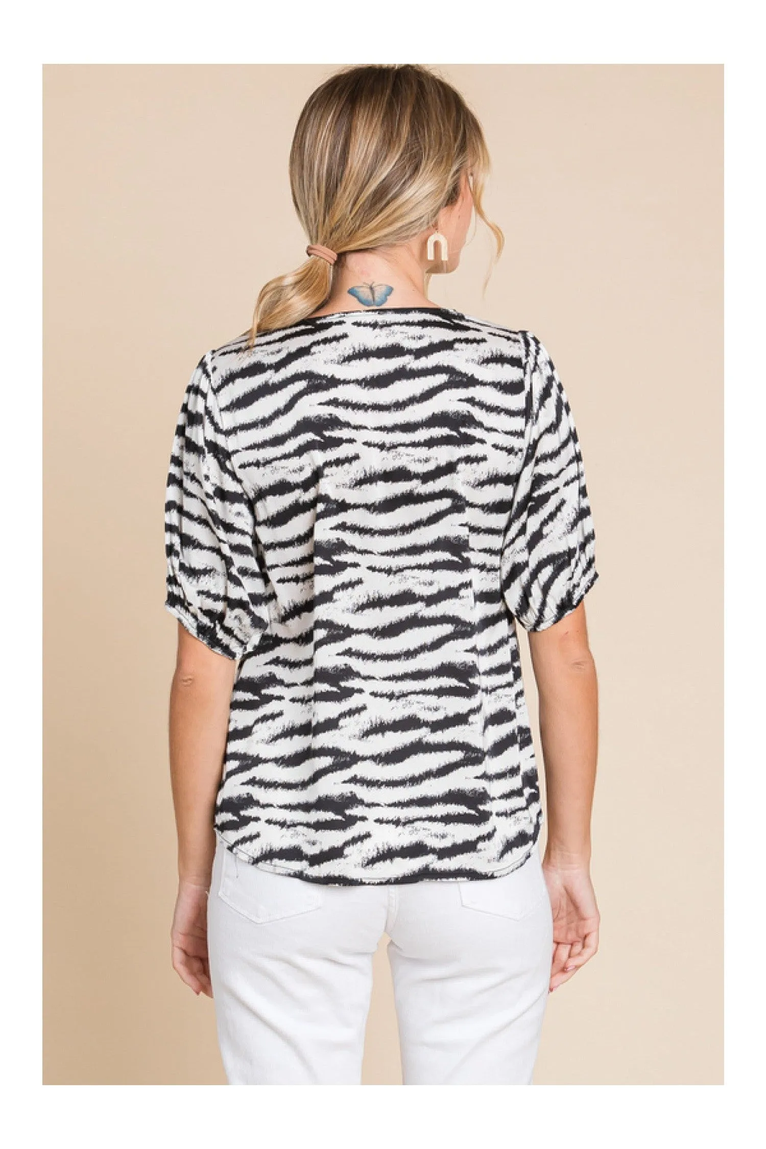 Jodifl Zebra Print Embroidered Yoke Short Bubble Sleeve Top