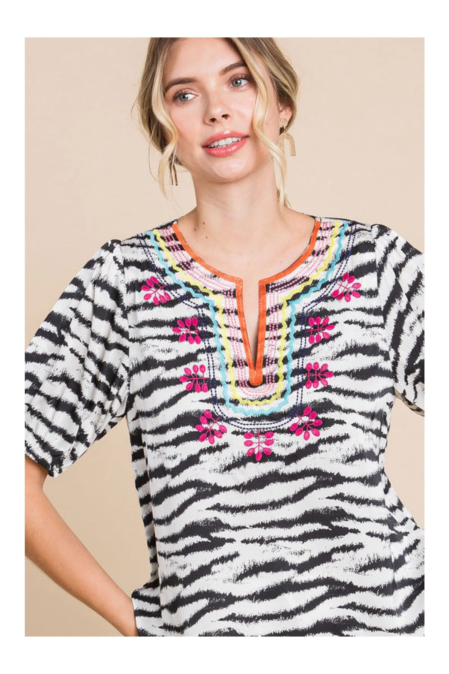 Jodifl Zebra Print Embroidered Yoke Short Bubble Sleeve Top