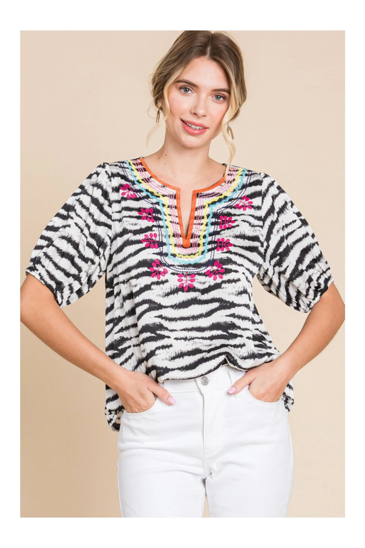 Jodifl Zebra Print Embroidered Yoke Short Bubble Sleeve Top