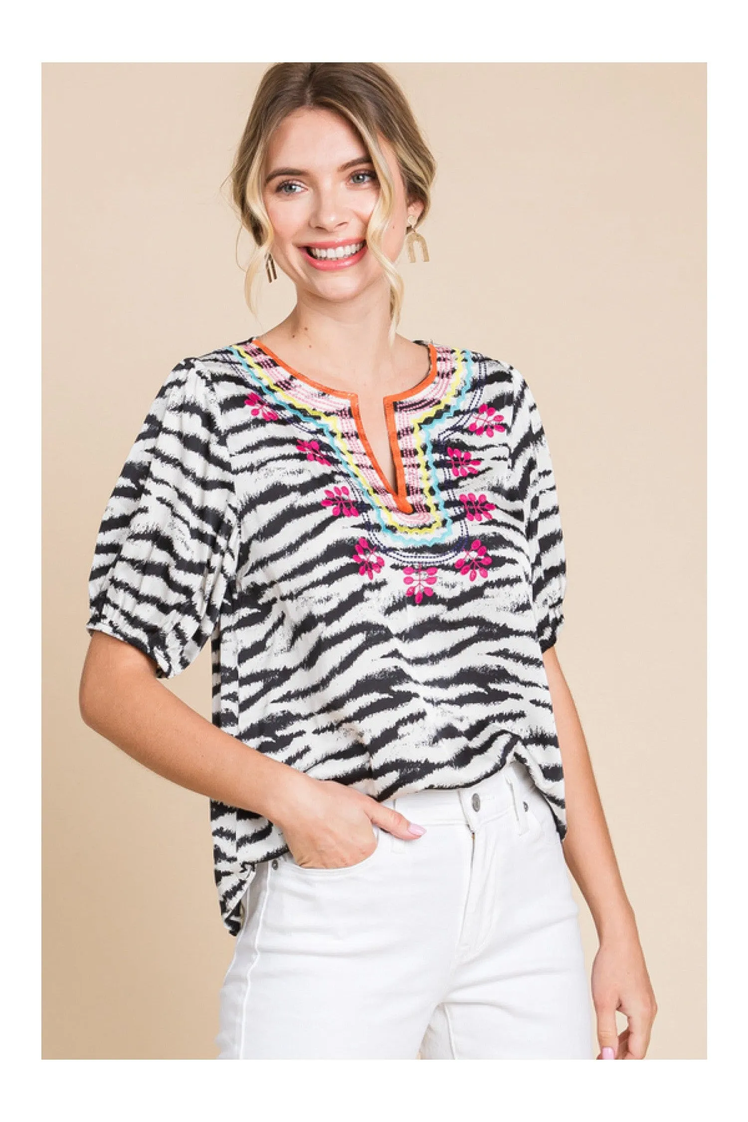 Jodifl Zebra Print Embroidered Yoke Short Bubble Sleeve Top