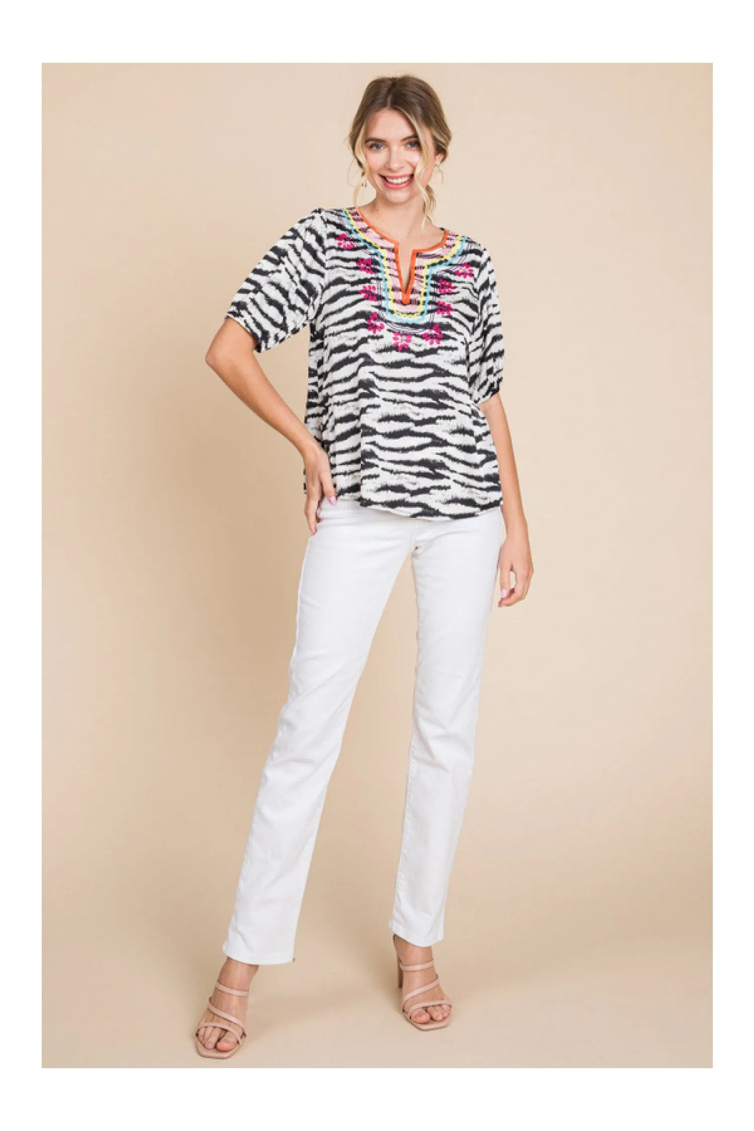 Jodifl Zebra Print Embroidered Yoke Short Bubble Sleeve Top