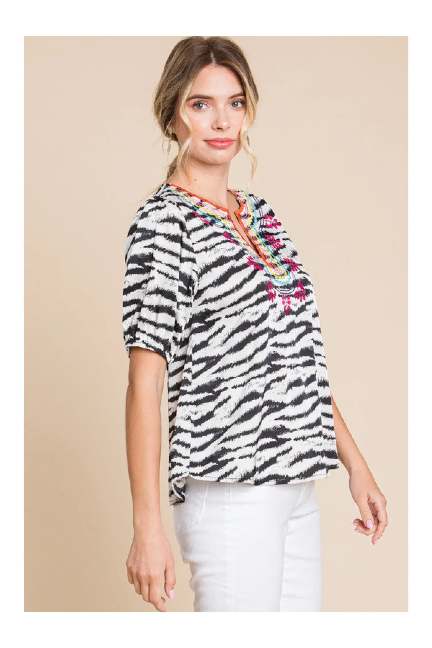 Jodifl Zebra Print Embroidered Yoke Short Bubble Sleeve Top