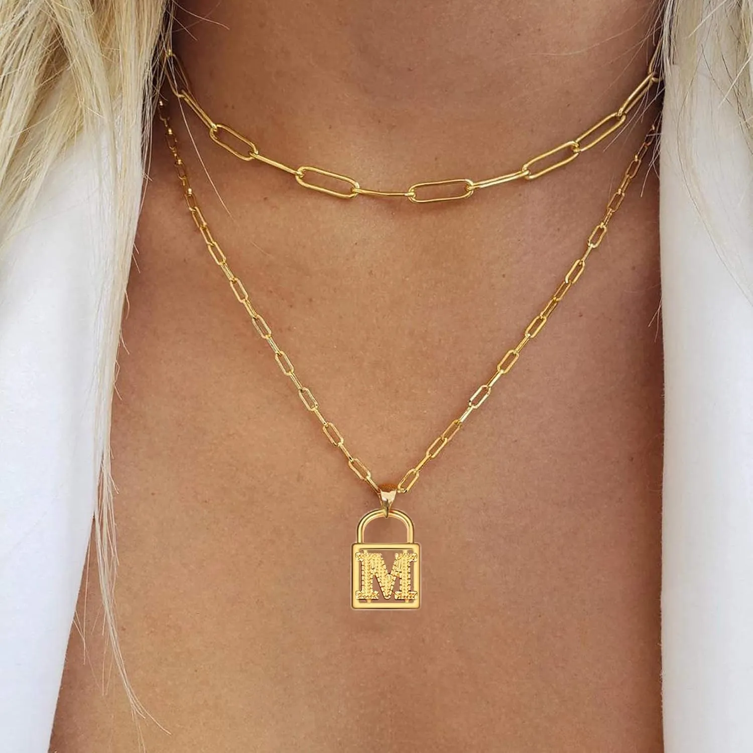 Layered Initial Necklaces for Women, 14K Gold Plated Dainty Paperclip Chain Necklace Simple Lock Letter Pendant Personalized Initial Choker Necklace Gold Layered Necklaces for Women Mother's Day Jewelry Gifts
