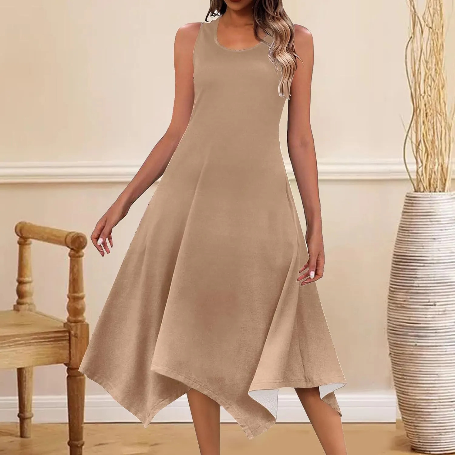 Long Summer Dresses for Women 2024 Casual Plus Size Irregular Hankerchief Hem Maxi Dress Tank Dresses with Pockets