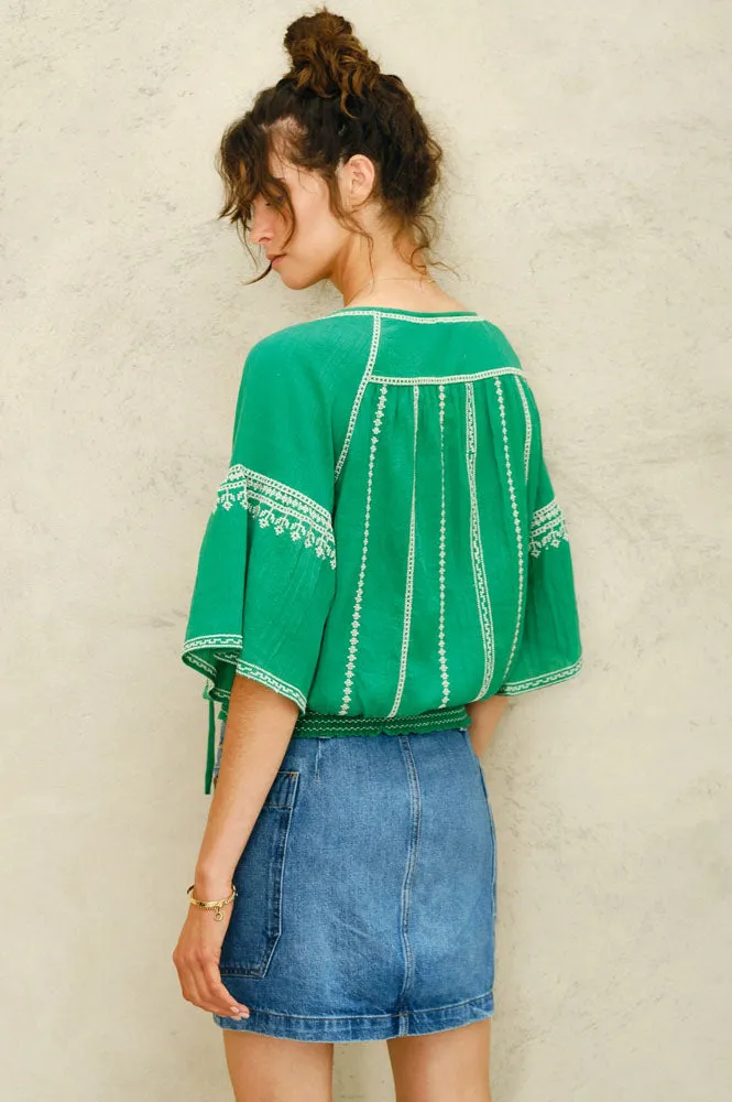 M.A.B.E Lena Embridered Green Blouse