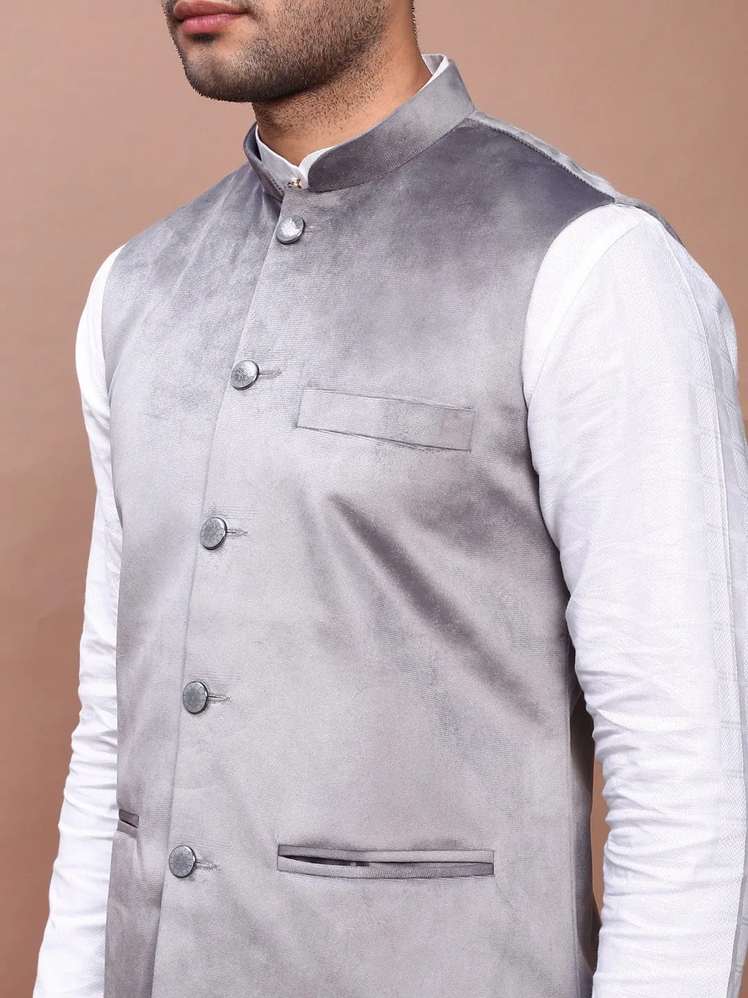 Men Grey Woven Design Slim Fit Nehru Jackets