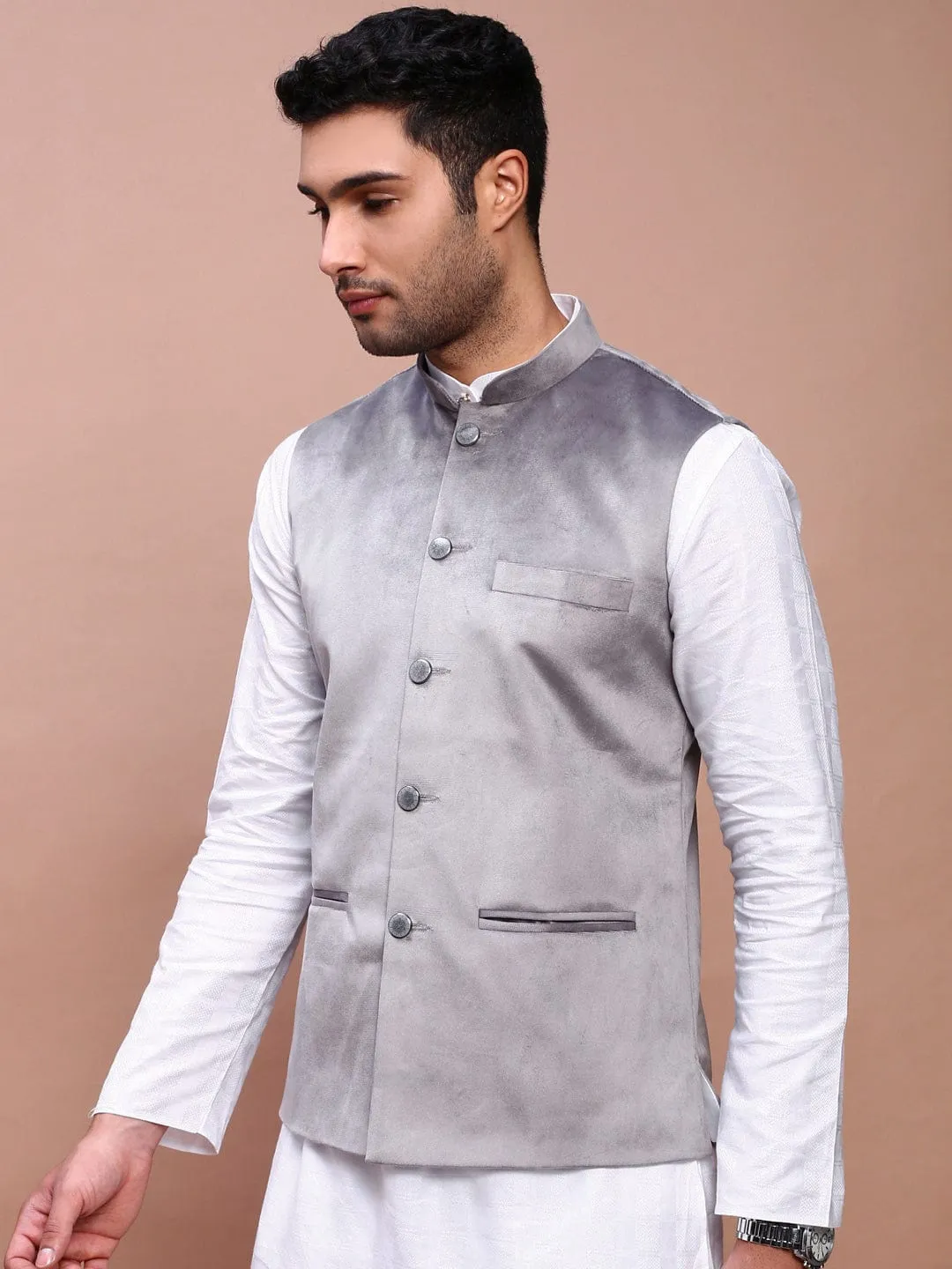Men Grey Woven Design Slim Fit Nehru Jackets