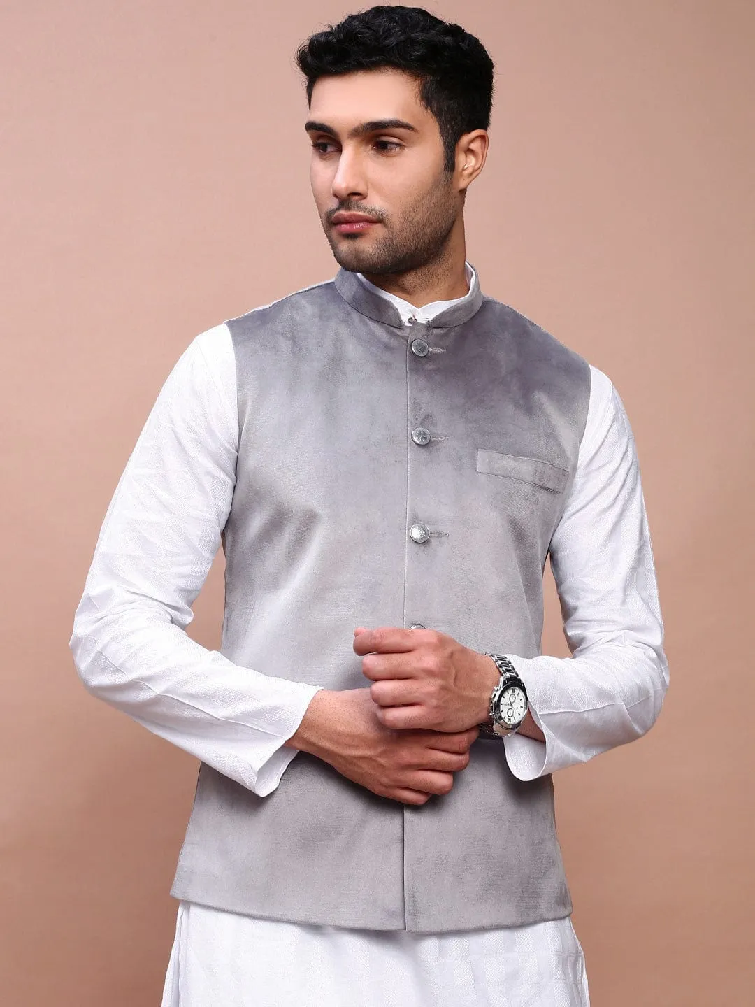 Men Grey Woven Design Slim Fit Nehru Jackets