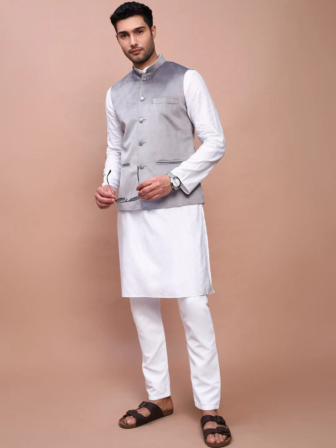 Men Grey Woven Design Slim Fit Nehru Jackets