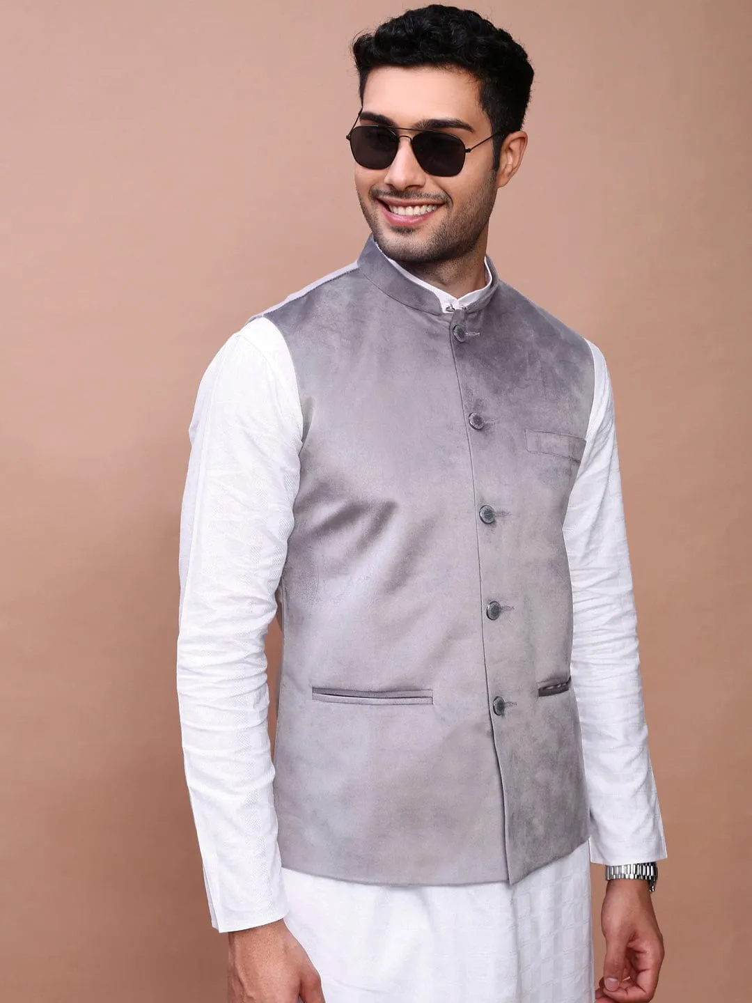 Men Grey Woven Design Slim Fit Nehru Jackets